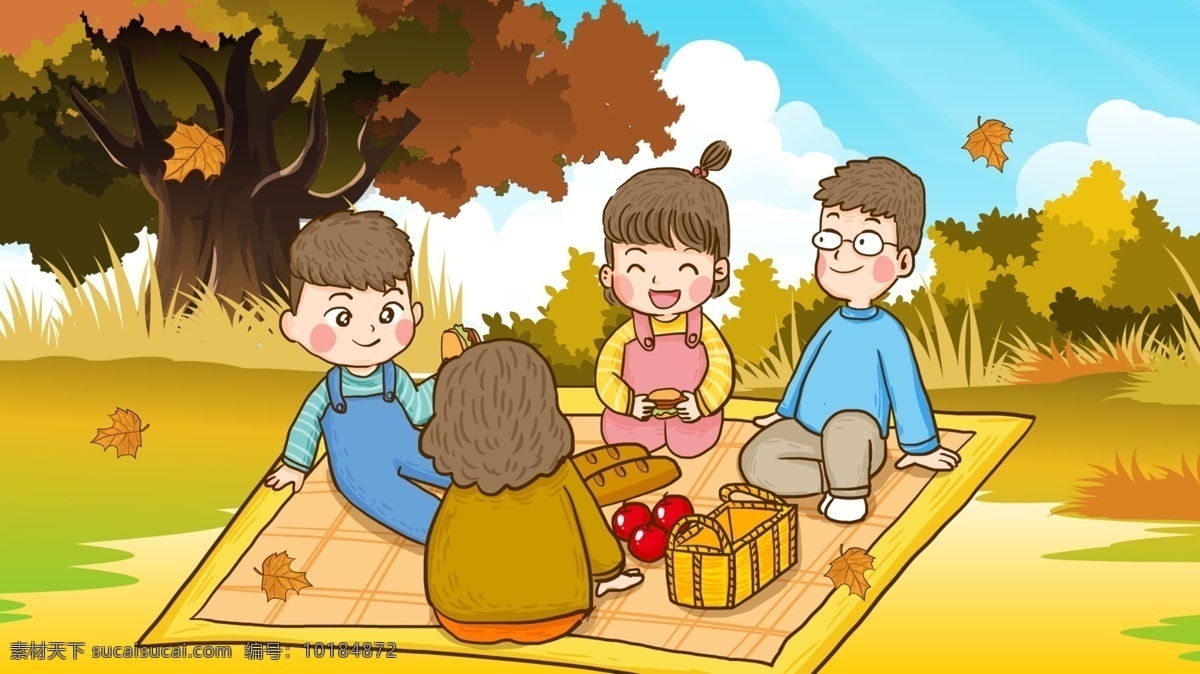秋天 你好 全家人 在野 营 聚餐 手绘 原创 插画 野餐 野营 全家聚餐 落叶 天气凉了 秋天你好 你好秋天 开心聚餐
