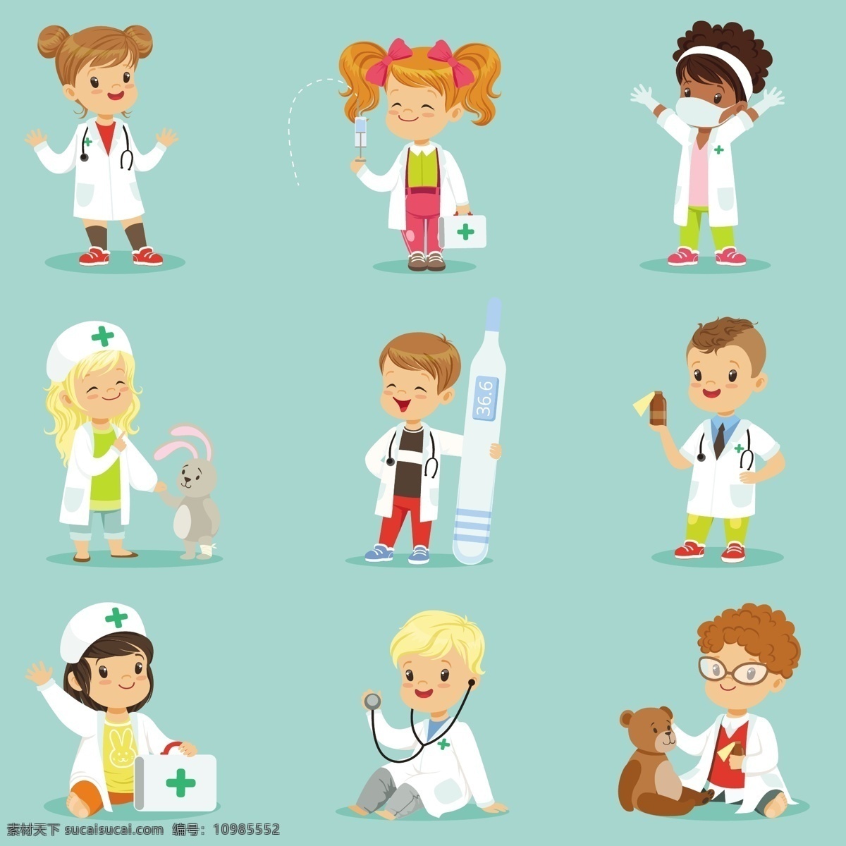 款 可爱 卡通 医护 人员 矢量 男孩 女孩 医生 护士 职业 人士 人物 兽医 动物 温度计 急救箱 卡通人物 动漫动画 动漫人物