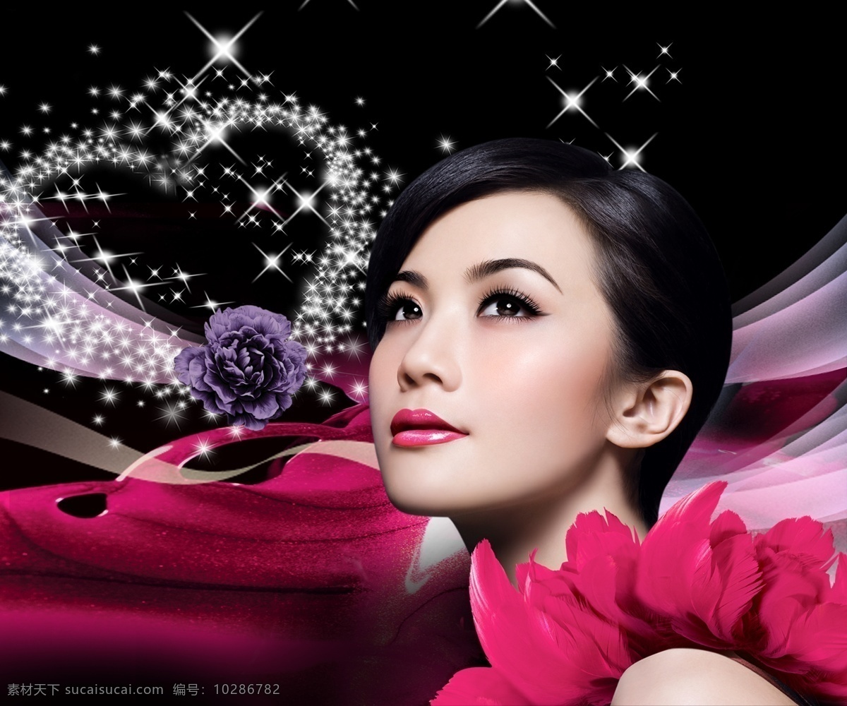 美容店 宣传 广告 女人 玫瑰花 星光效果 爱心效果 花纹效果 红色飘带 黑色背景