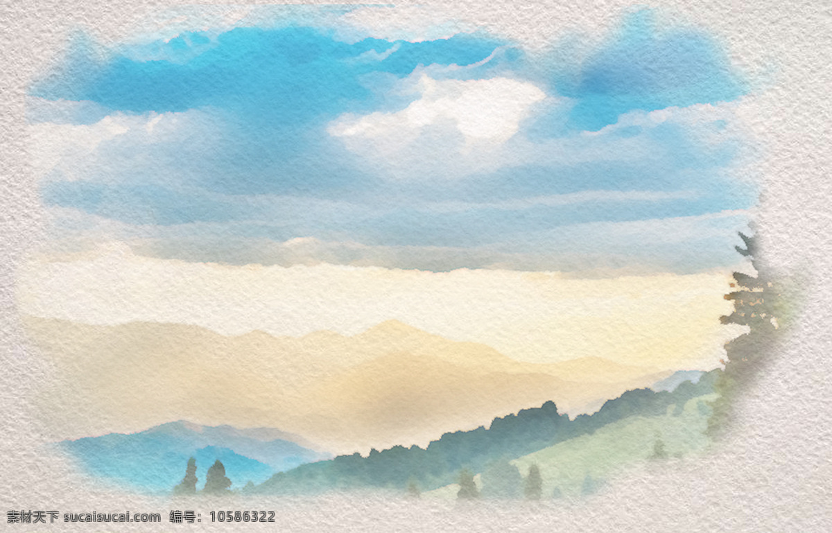水彩风景 水彩 风景 蓝天 湖水 山林 自然景观 自然风光