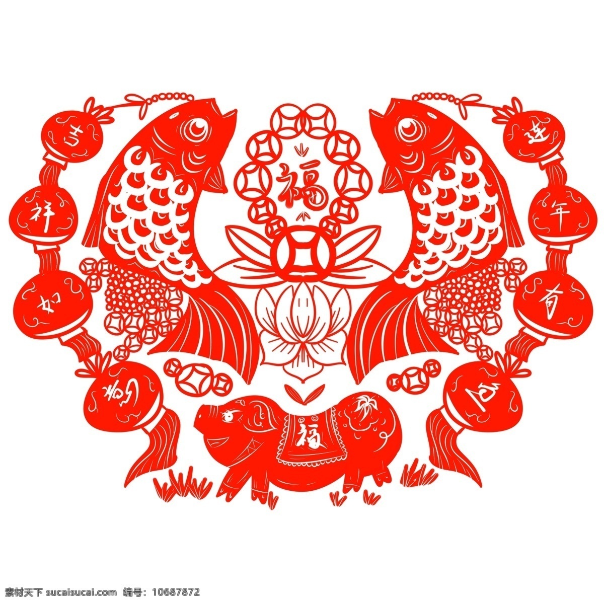 2019 生肖 猪 春节 灯笼 年年 鱼 剪纸 节日 荷花 2019年 生肖猪 新年 猪年 年年有余 年年有鱼 发财 海报素材 商用