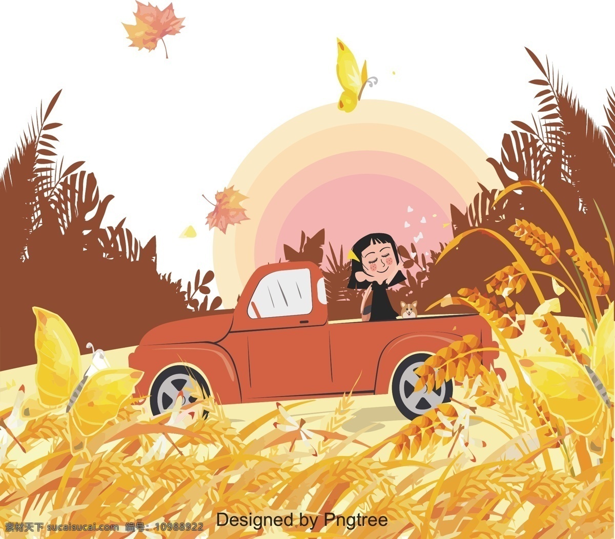秋季 自驾游 手绘 材料 汽车 落叶 日落 季节 黄色 小麦 色