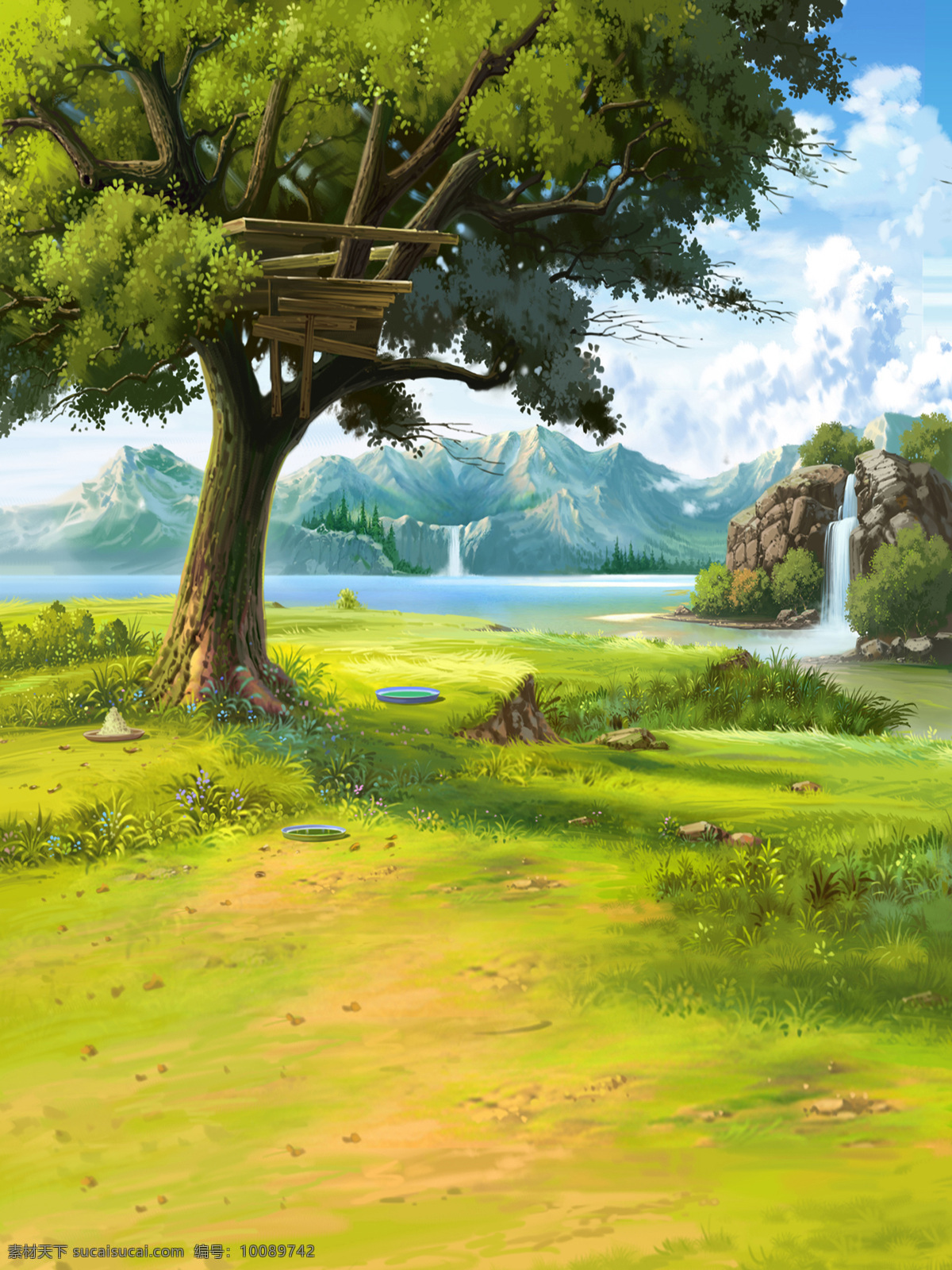 大树 草地 卡通树木 树房 卡通小房子 卡通风景 风景插画 美丽风景 自然风景 漫画插画 动漫动画 风景漫画 儿童摄影 儿童背景 卡通背景 儿童摄影背景