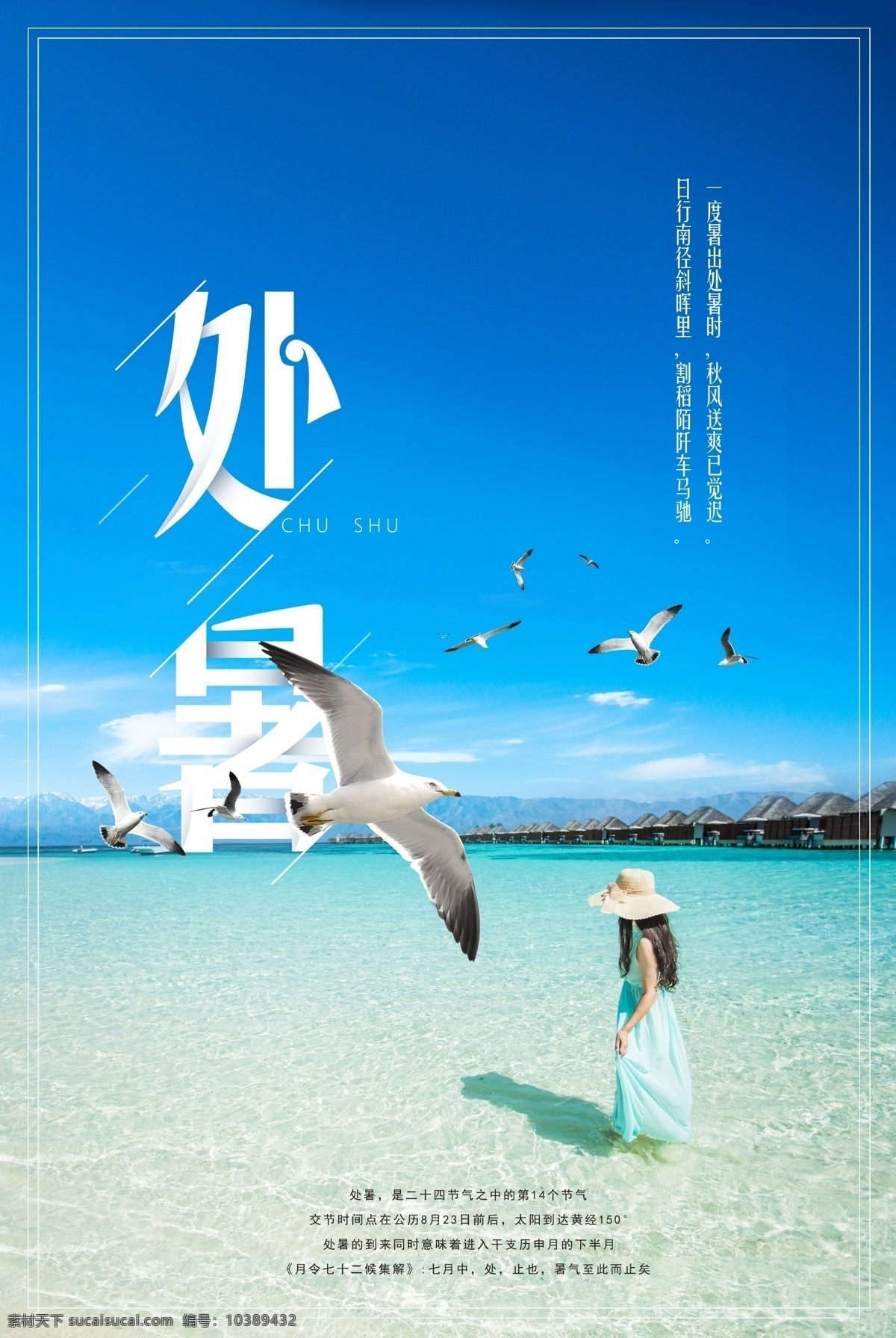 蓝色 简约 时尚 处暑 海报 女孩 免费 海报模板 传统 蓝天海水 海鸥 海报的少女 传统节气 app模板 二十四节气 psd中国 盛夏 节气模板 节气 简约时尚 时尚传统 免费模板 处暑海报