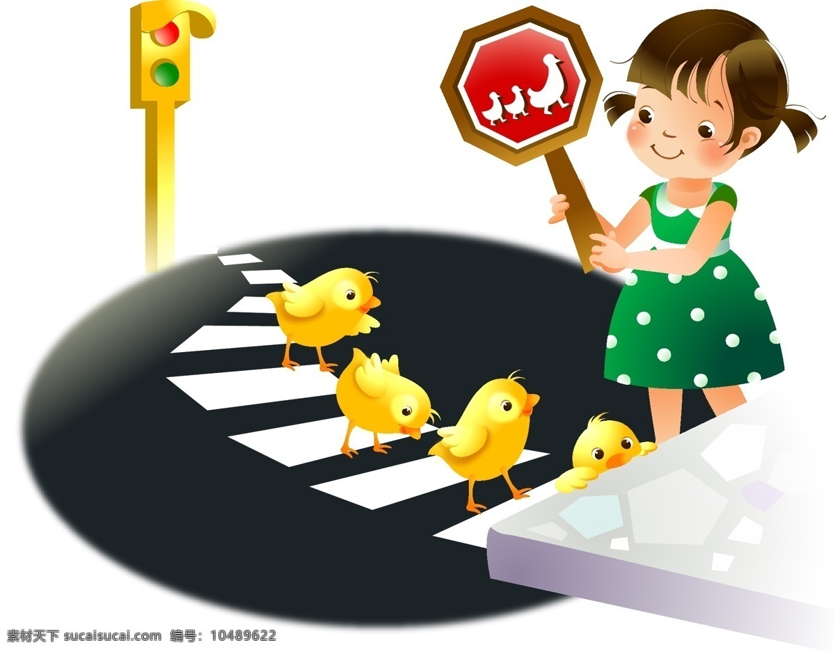 过红绿灯 红绿灯 斑马线 交通灯 小鸡 黄色小鸡 小女孩 小学生 梦幻乐园 成长乐园 卡通插画 儿童插画 卡通乐园 绿色城市 快乐儿童 儿童绘画 卡通形象 幼儿绘画 儿童世界 卡通设计 矢量