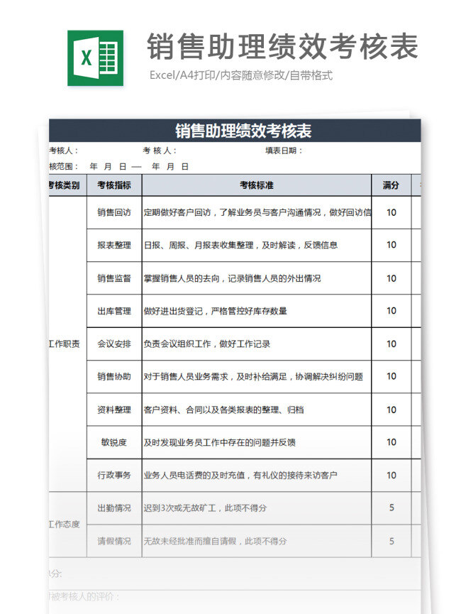 助理 绩效 考核表 excel 模板 表格模板 图表 表格设计 表格员工 人力 hr 绩效考核 绩效表 人力资源管理 人事报表 行业表格 办公常用