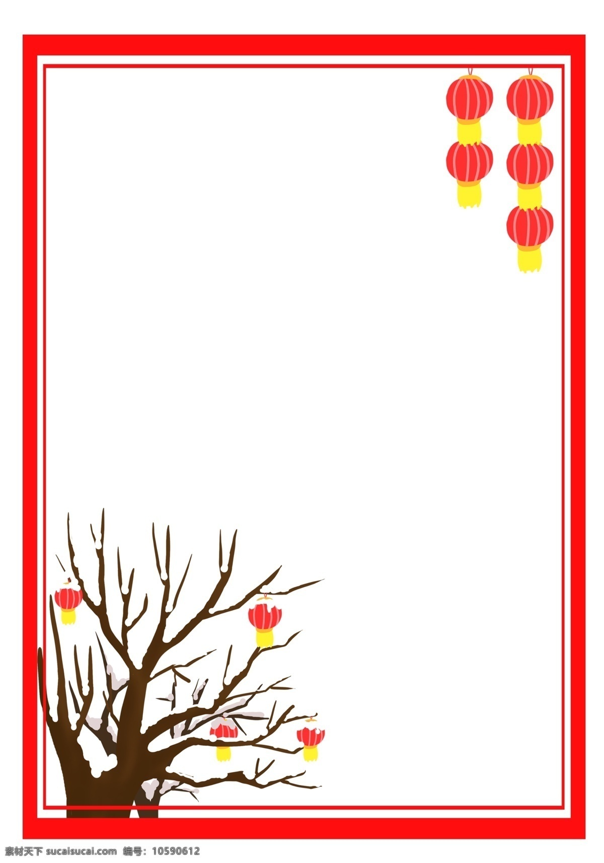 手绘 冬季 中国 风 树枝 边框 雪 覆盖 树杈 红灯笼 红色边框 中国风 雪地 下雪 国画风 复古树枝 水墨树枝 卡通手绘灯笼