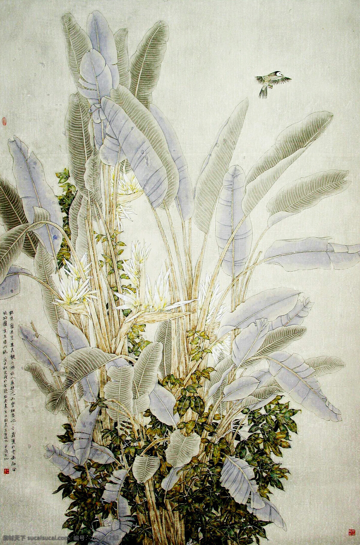 鹤望兰 绘画 中国画 工笔重彩画 花卉画 现代国画 鹤望兰树 花朵 叶子 花香 鲜艳 芬芳 小鸟 国画艺术 书法 印章 国画集21 绘画书法 文化艺术