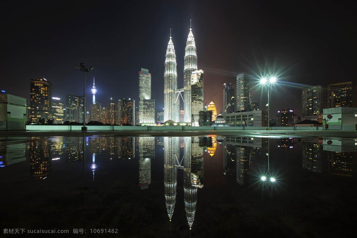 马来西亚 国家 石油 双子塔 城市夜景 夜晚 摩天大楼 水 建筑 背景 4k超清壁纸 城市人文 建筑园林 建筑摄影