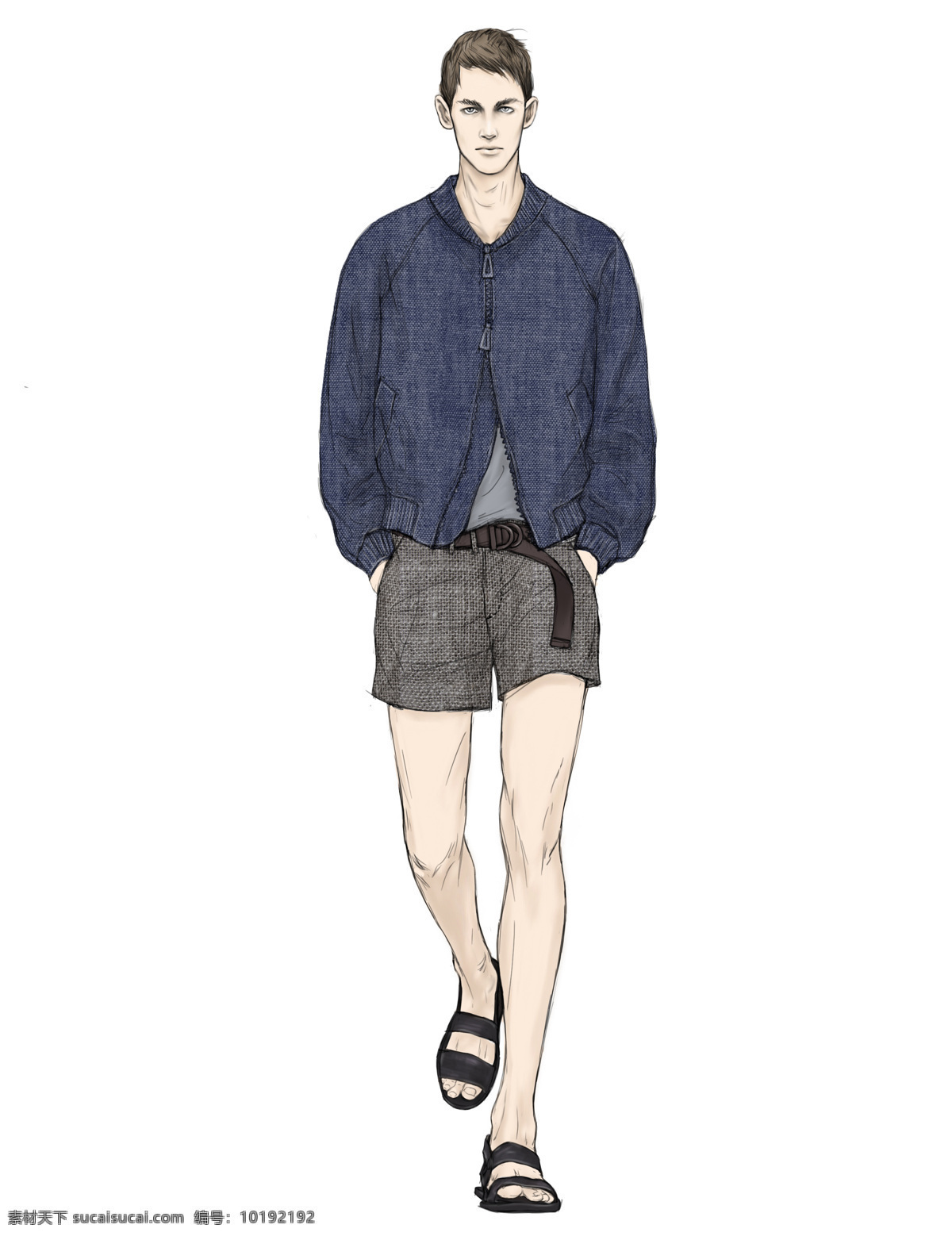 时尚 深蓝色 短外套 男装 效果图 服装设计 男装效果图 时尚男装