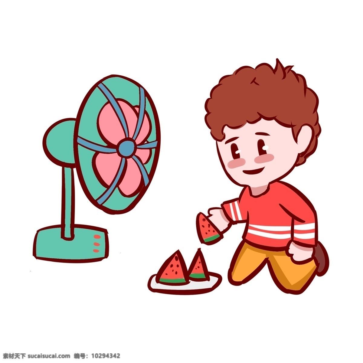 吃 西瓜 小 男孩 凉爽 手绘 插画 卡通 风扇 小男孩 清爽 夏天 夏季 嬉戏 开心 玩耍 童趣 避暑 降温 小清新
