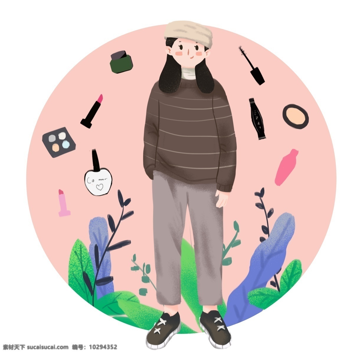 美容 粉色 小 清新 可爱 板 绘 插画 元素 小清新 板绘 手绘 户外 外出 裸妆 化妆 美白 化妆品 卡通手绘 卡通人物 人物