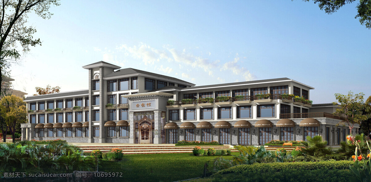 环境设计 建筑设计 酒店 效果图 桂林 白公馆 设计素材 模板下载 桂林白公馆 正面图 白天景观 家居装饰素材