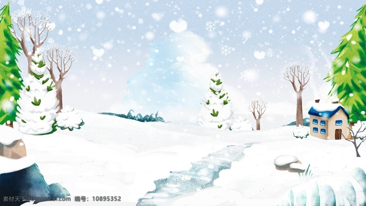 清新 梦幻 冬季 雪花 雪地 背景 背景素材 卡通背景 松树 插画背景 psd背景 手绘背景