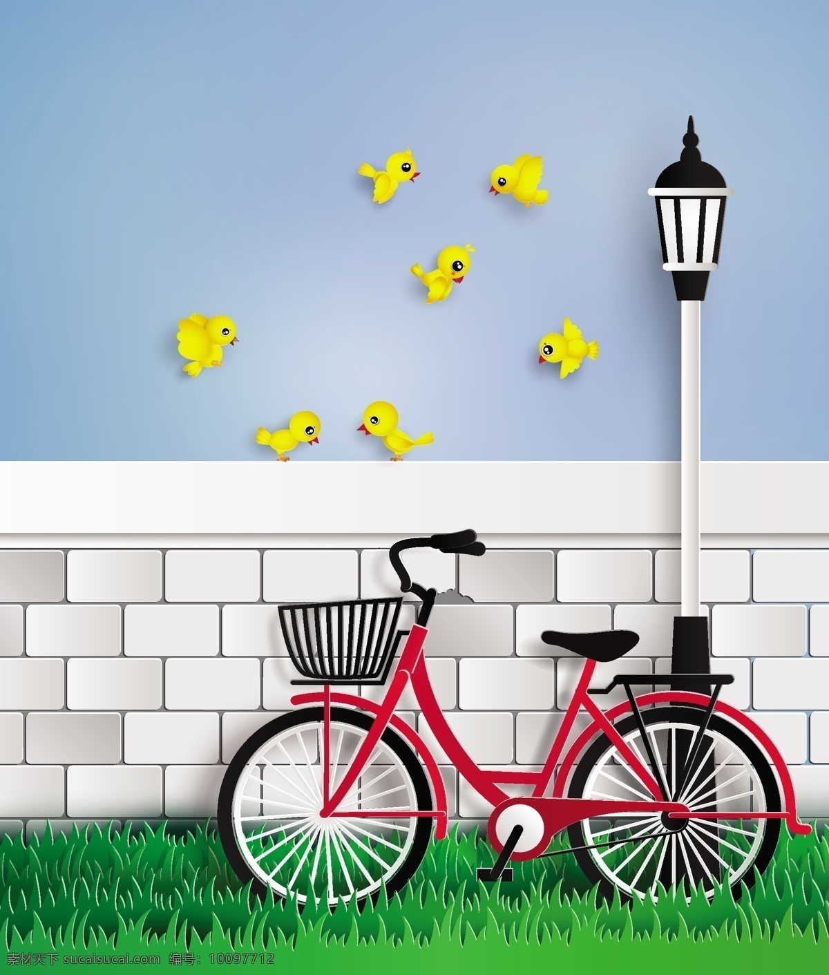 停 墙边 单车 黄色 小鸟 矢量 路灯 天空 墙 鸟 草地 矢量图