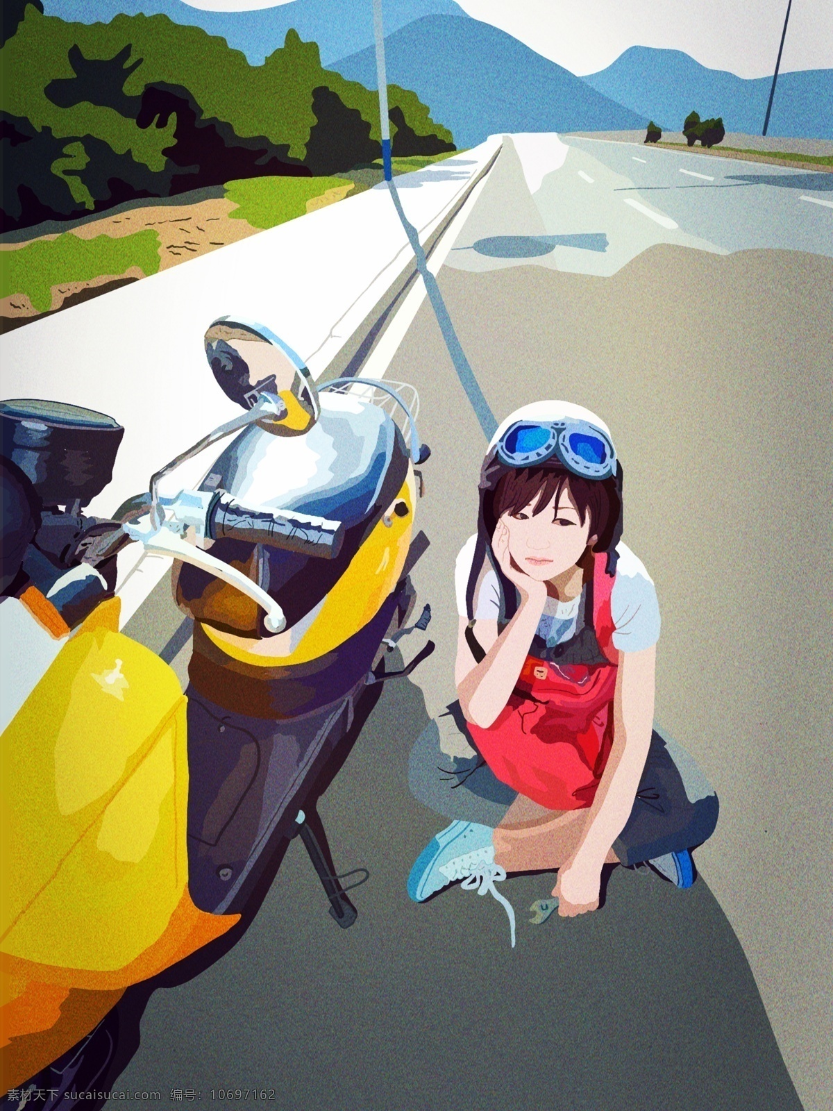 心语 心情 早安 你好 美女 骑 小绵羊 郊外 兜风 壁纸 插画 唯美 旅游 心语心情 摩托车 头盔 早晨 晨光 公路 悠闲 写实 矢量 旅行 出门 户外