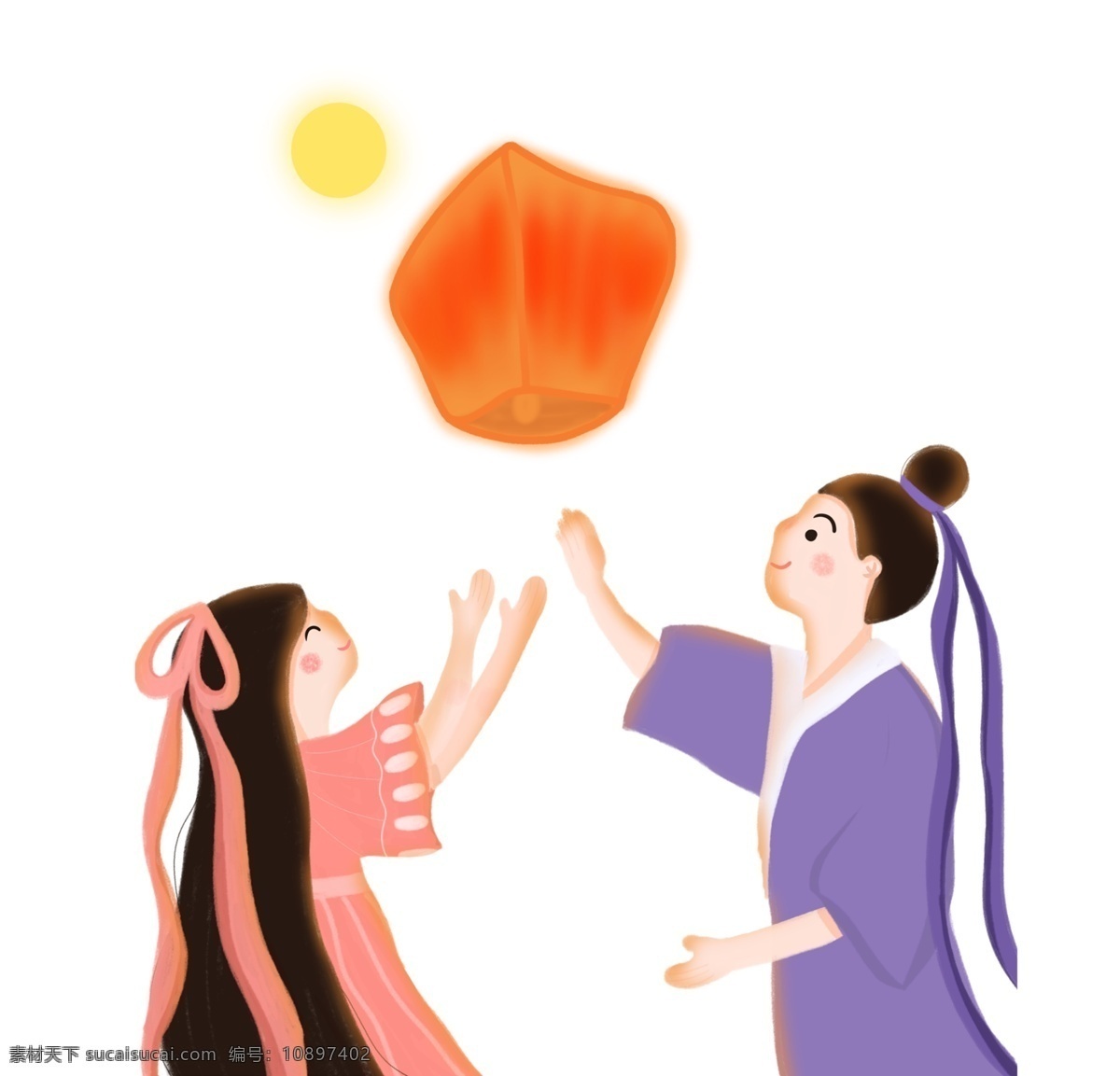 七夕 情人节 牛郎织女 放 天灯 插画 卡通 手绘 精美 海报插画 广告插画 小清新 简约风 装饰图案 七夕情人节 放天灯 复古