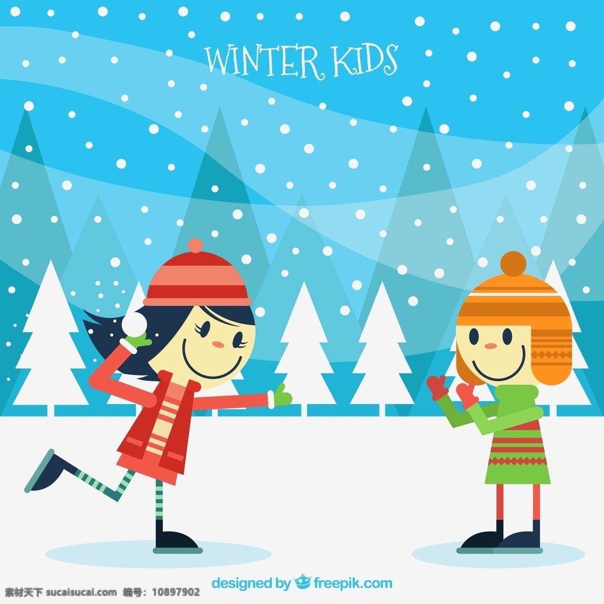 雪地 打雪仗 玩耍 儿童 树木 郊外 雪花 冬季 男孩 女孩 人物 动漫动画 动漫人物