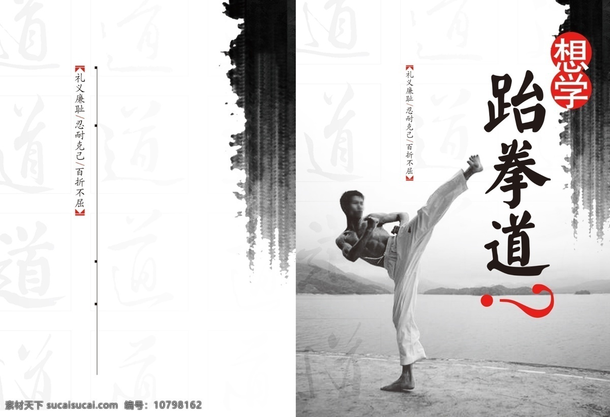 中国 风 跆拳道 招生 海报 毛笔字 水墨 跆拳道动作 招生海报 中国风