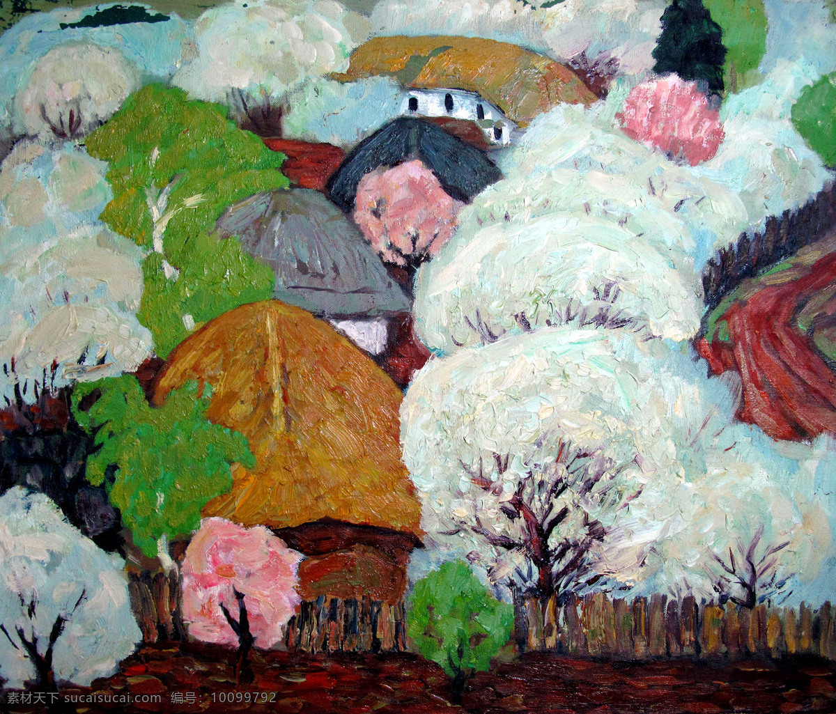 春花 房屋 风景画 花木 绘画书法 美术 文化艺术 开 满 鲜花 村子 设计素材 模板下载 油画 油画艺术 油画作品53 家居装饰素材