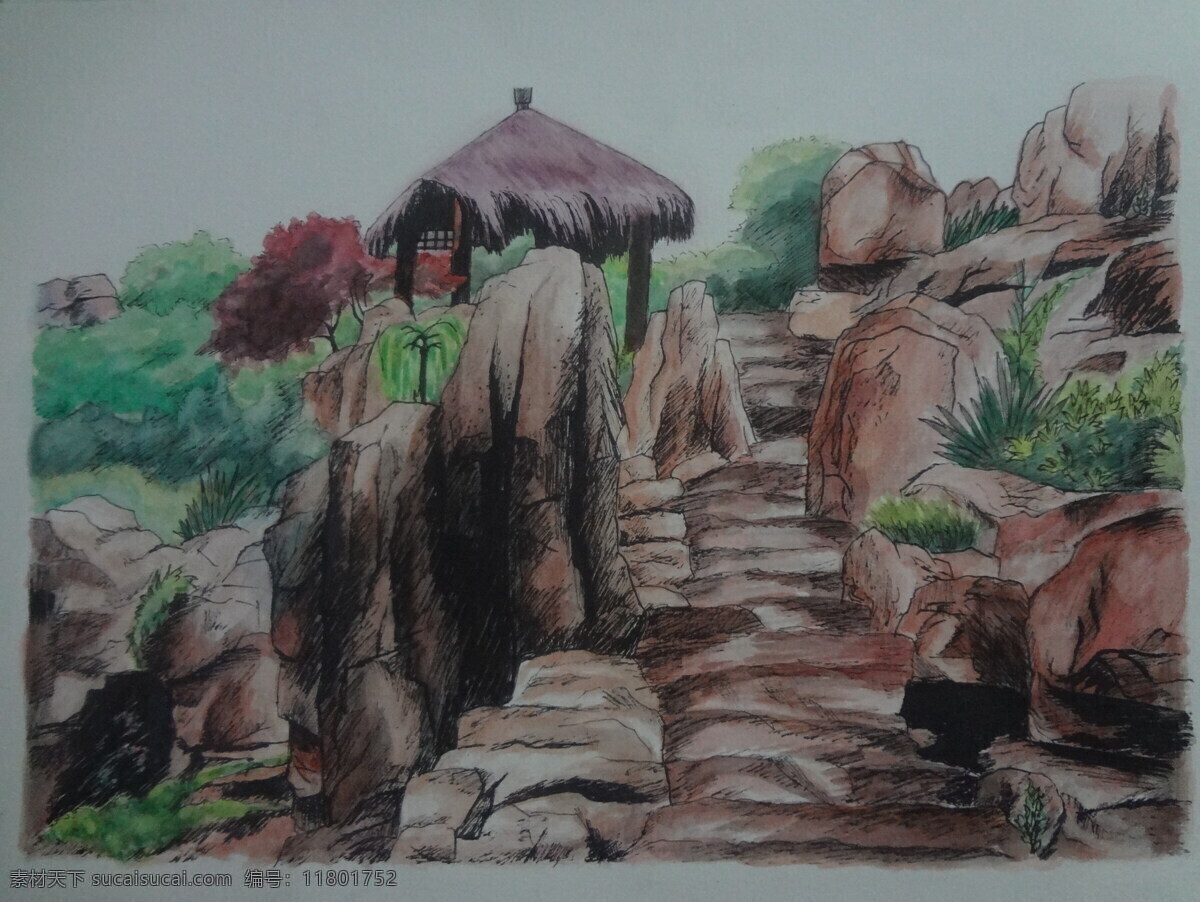 环境设计 景观 景观设计 茅屋 石路 手绘 园林 重庆 园 博 局部 手 绘图 设计素材 模板下载 家居装饰素材