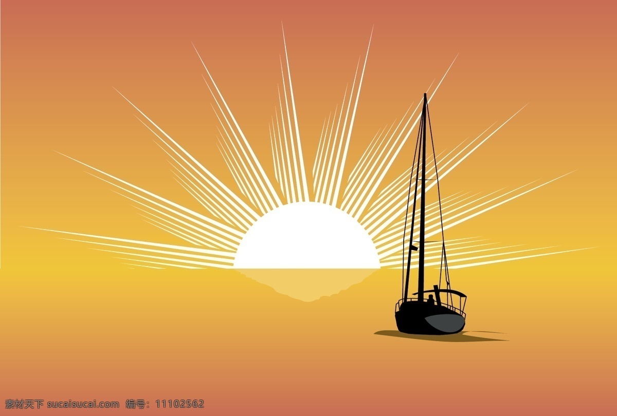 落日 下 帆船 剪影 矢量 大海 风光 矢量风景 太阳光芒