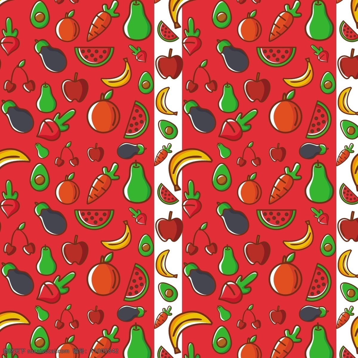 彩色 蔬菜水果 无缝 背景 矢量 萝卜 胡萝卜 橘子 牛油果 西瓜 梨 香蕉 苹果 茄子 樱桃 蔬菜 水果 食物 无缝背景