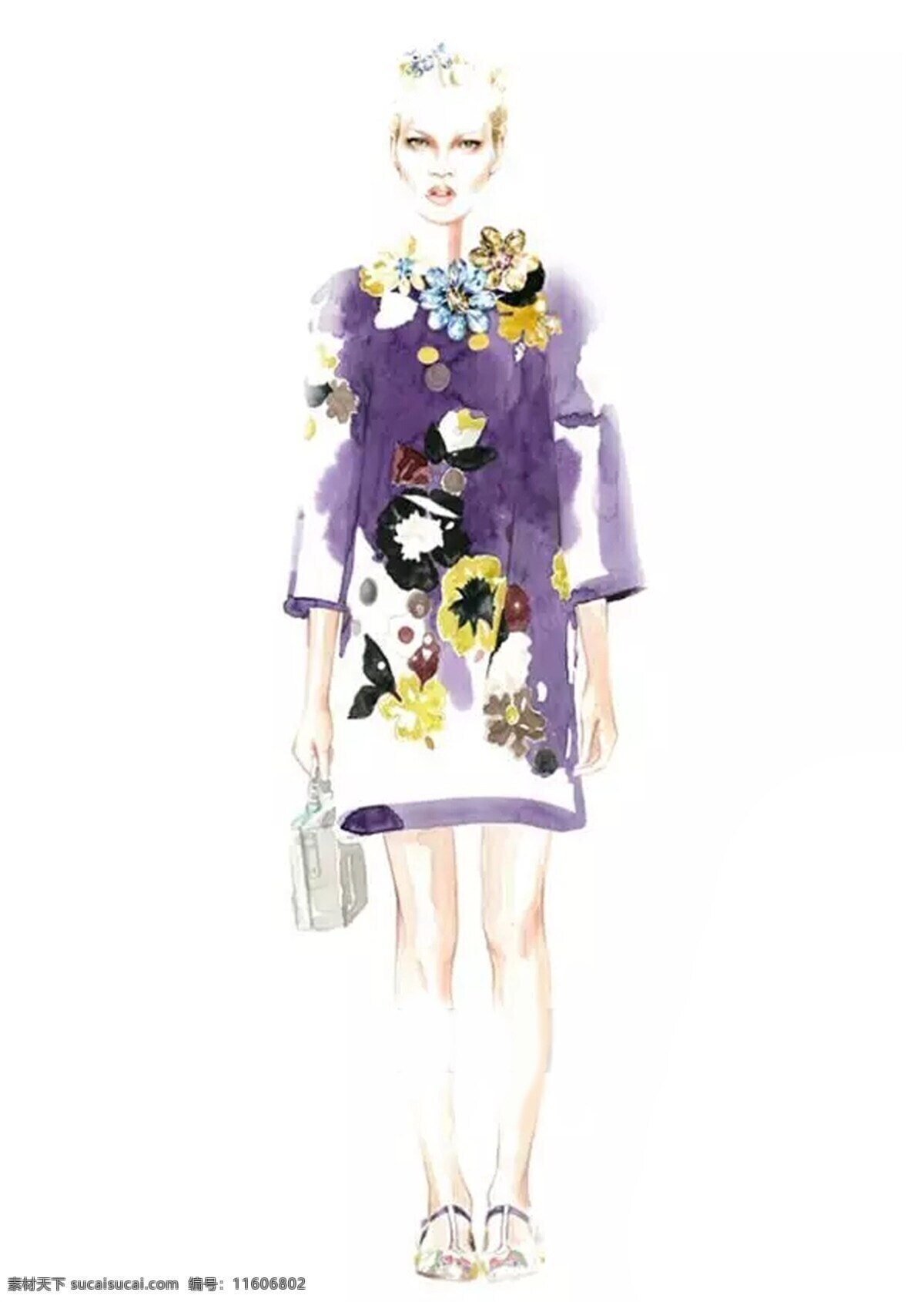 服装设计 高跟鞋 连衣裙 女装 浅色鞋子 时尚 紫色 花纹 中 袖 效果图