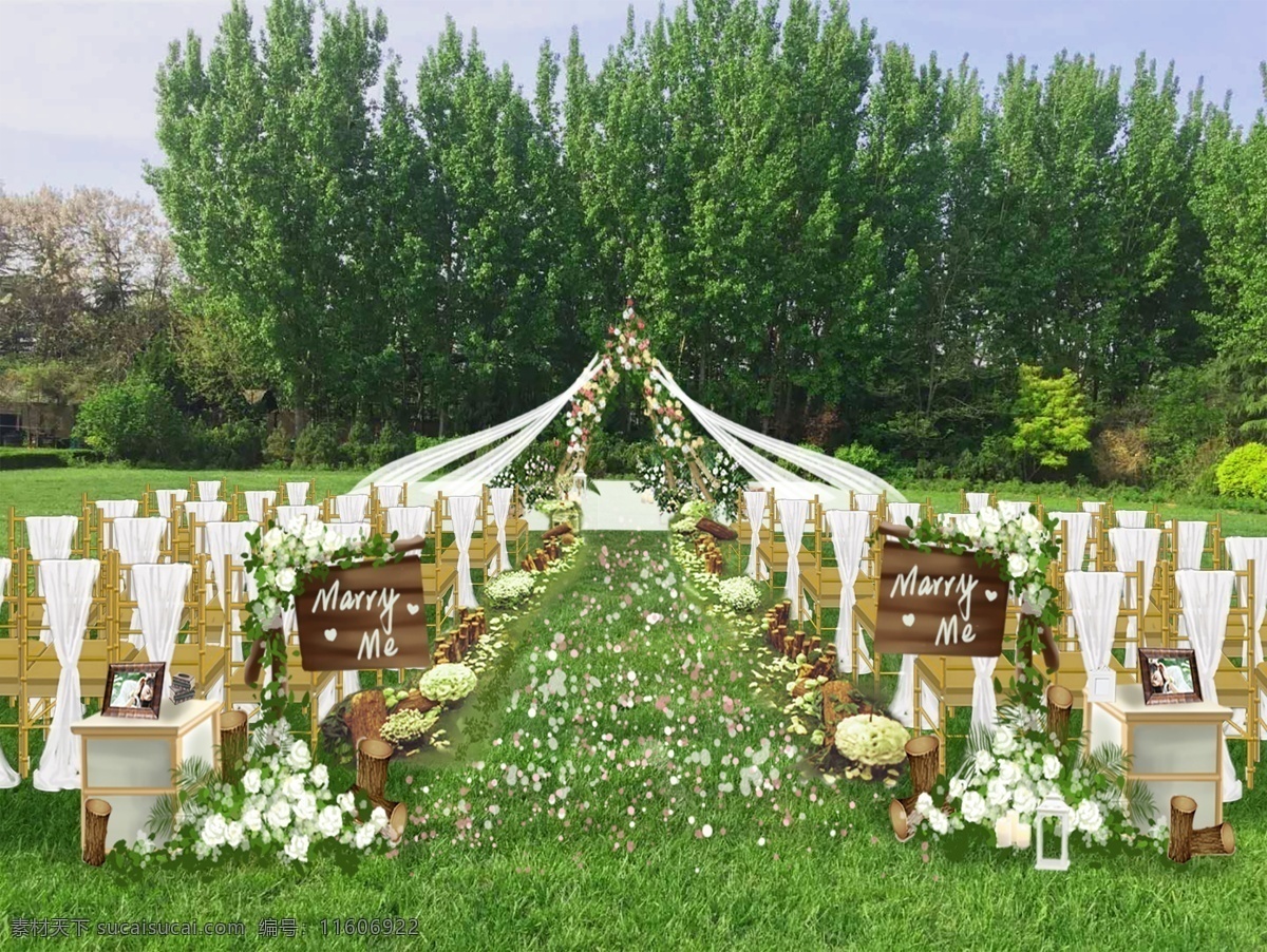 草地 婚礼 模板 草坪 工装 效果图 白绿 竹节椅