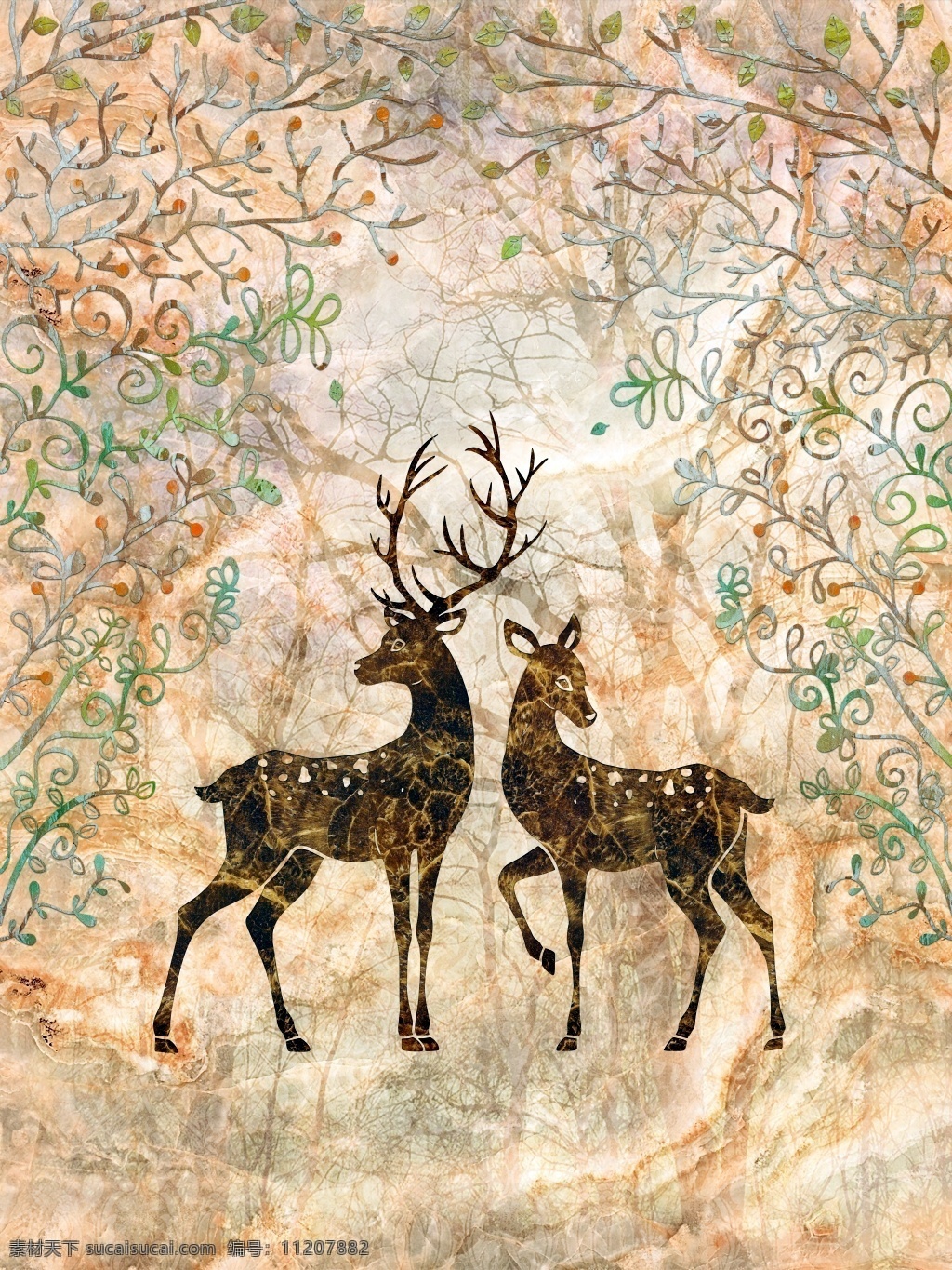 手绘 彩绘 森林 草丛 中 麋鹿 动物 装饰画 草丛中