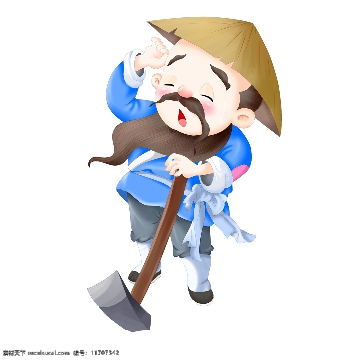锄头 工作 农民 卡通 古代 人物 插画 手绘 斗笠