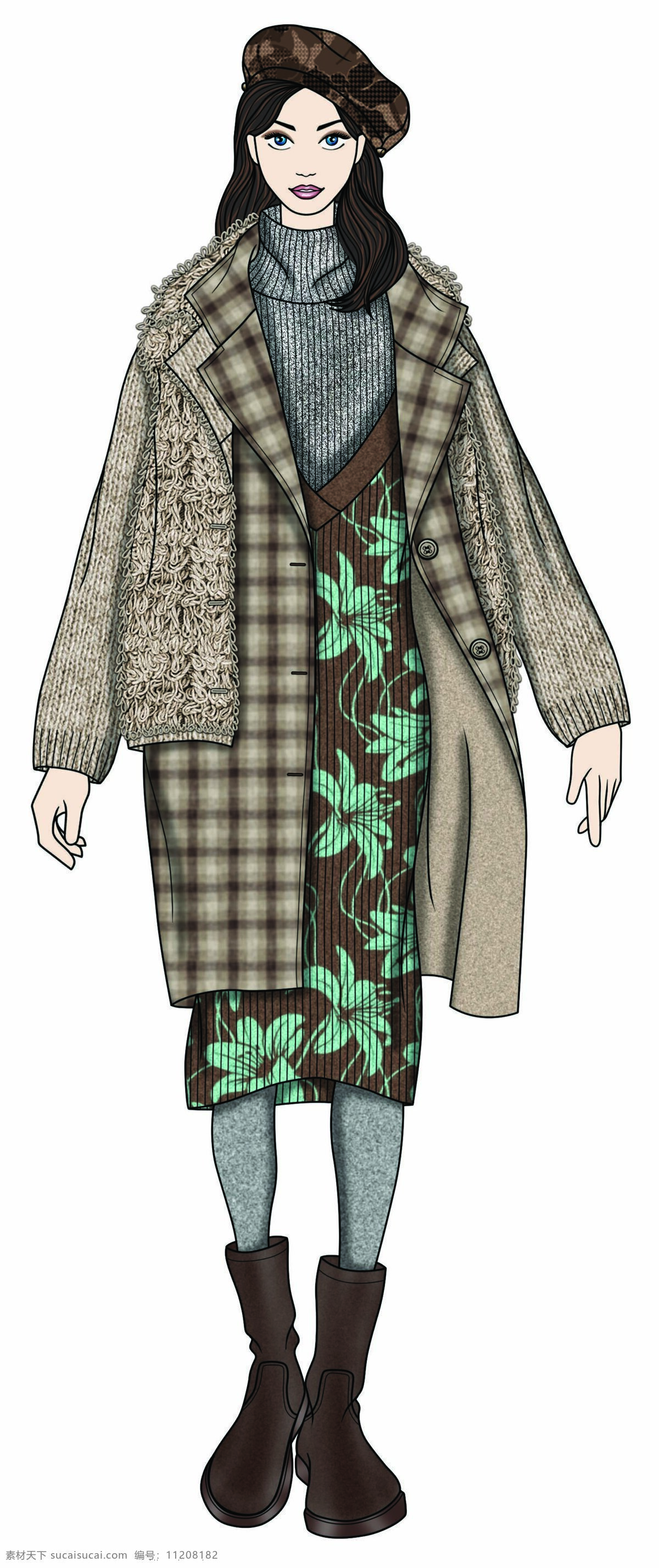 个性 风格 格子 宽松 外套 女装 服装 效果图 服装效果图 格子外套 灰色打底裤 裤子 上衣