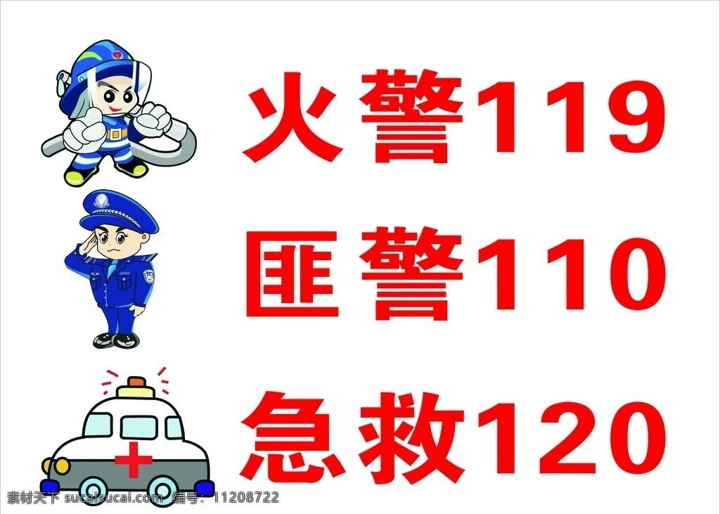 应急电话 火警 匪警 急救 应急图案 卡通设计