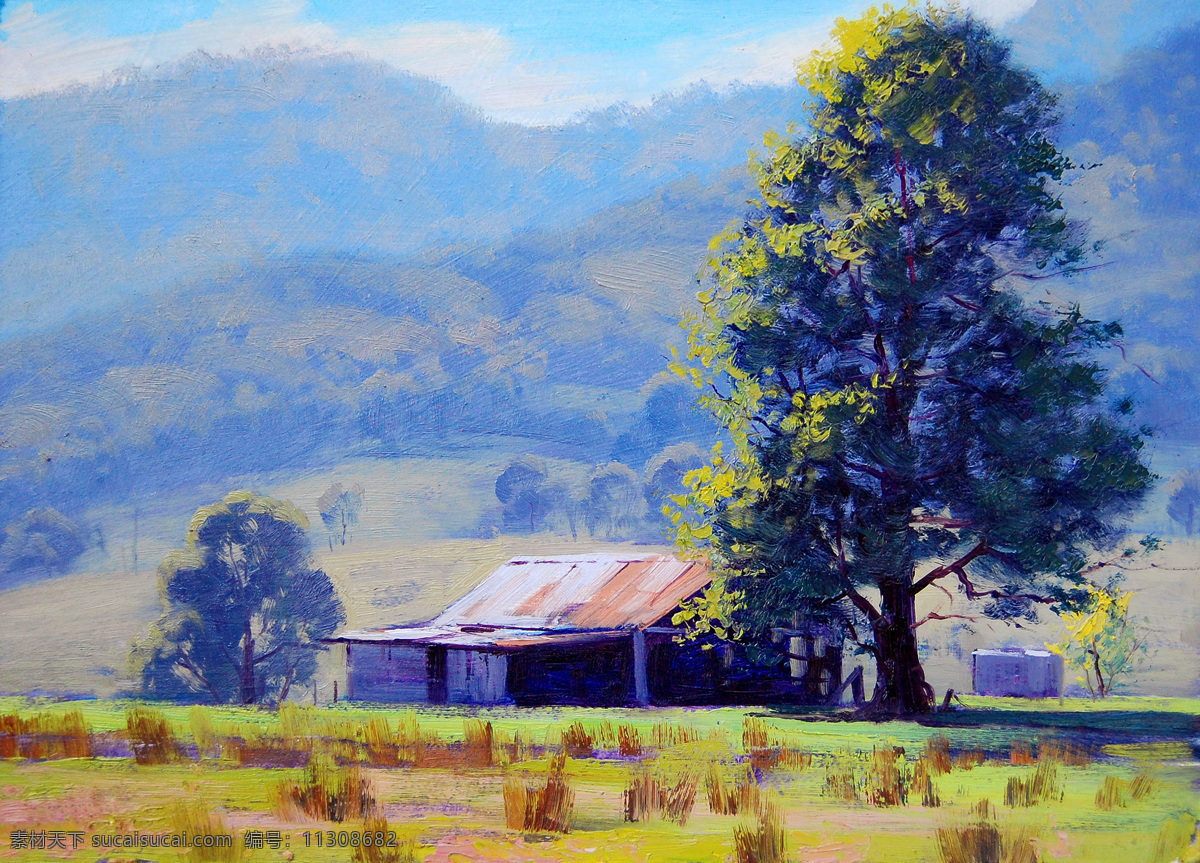 大树 风景 风景画 挂画 绘画 绘画书法 景色 木屋 油画 农场 小屋 设计素材 模板下载 农场小屋 油画风景 艺术 油画艺术 树木 山区 山峦 西方油画 欧美油画 油画作品 文化艺术 家居装饰素材