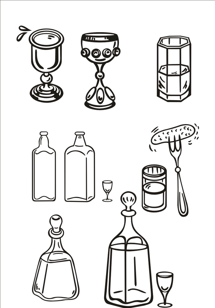手绘酒杯酒具 酒杯酒具 卡通酒杯 线描酒杯 动画酒杯酒具 动漫动画