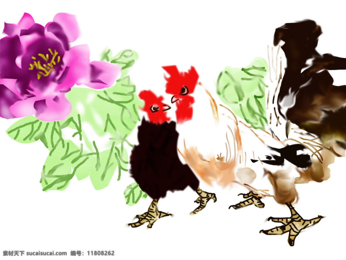 春色满园 ps 手绘 公鸡 花 白色