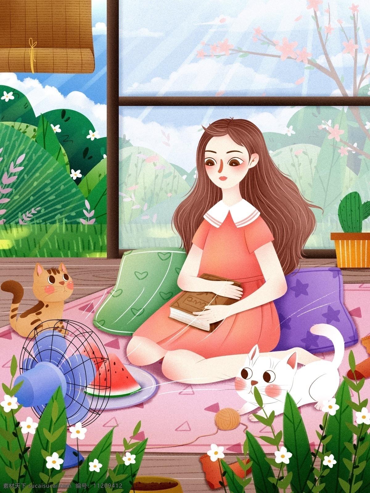 六月 你好 清新 治愈 插画 六月你好 夏天 女孩 猫