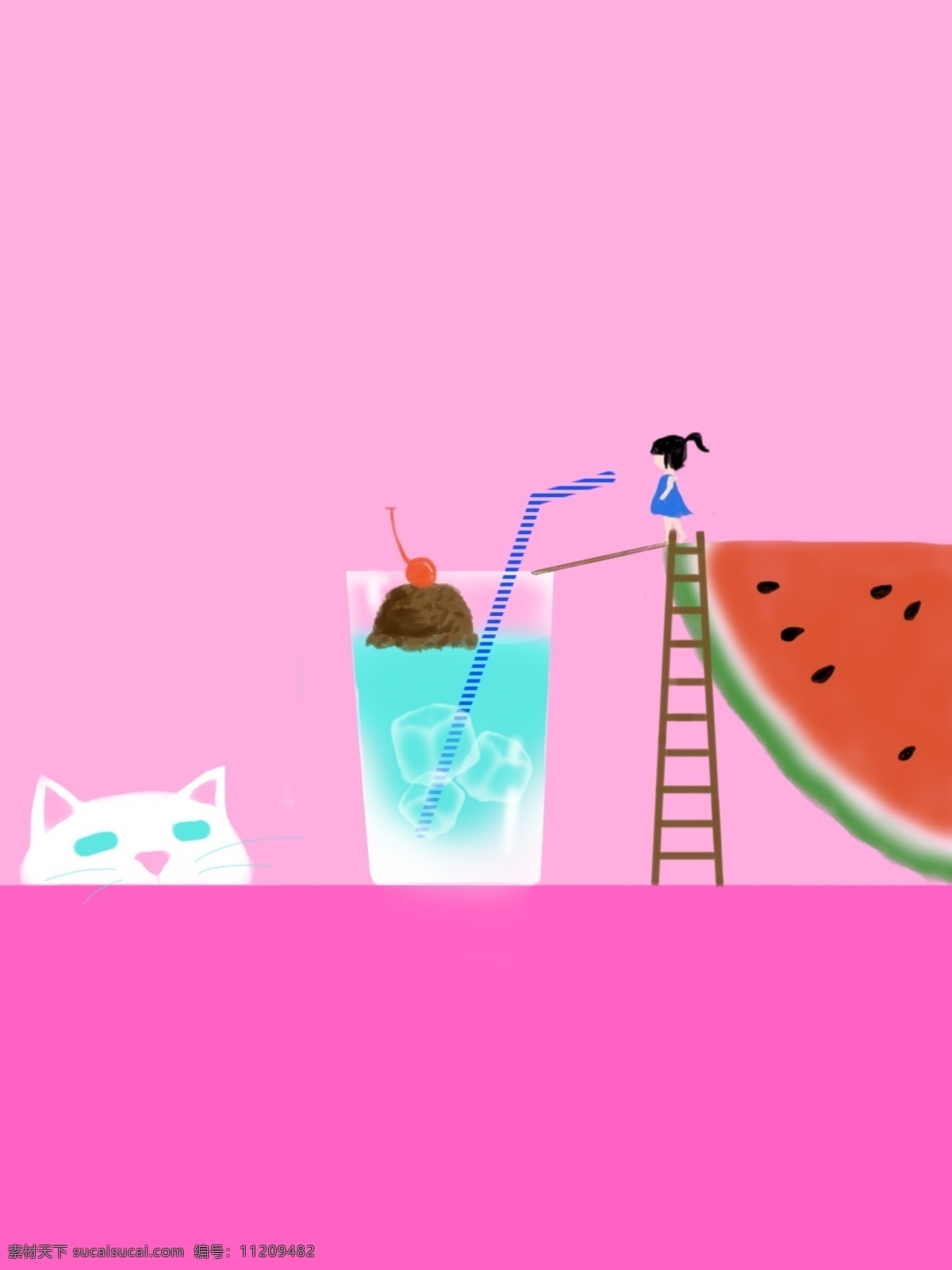 夏天 粉色 西瓜 冰镇 猫咪 简约 海报 背景