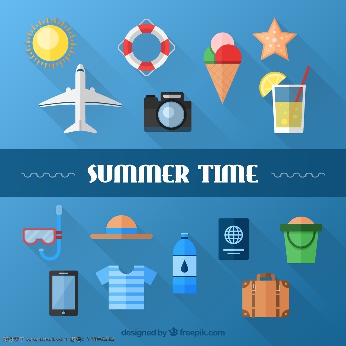 夏天 时间 元素 图标 相机 沙滩 飞机 帽子 旅游 度假 护照 夏日海滩 相机图标 时间图标 柠檬水 手机 蓝色