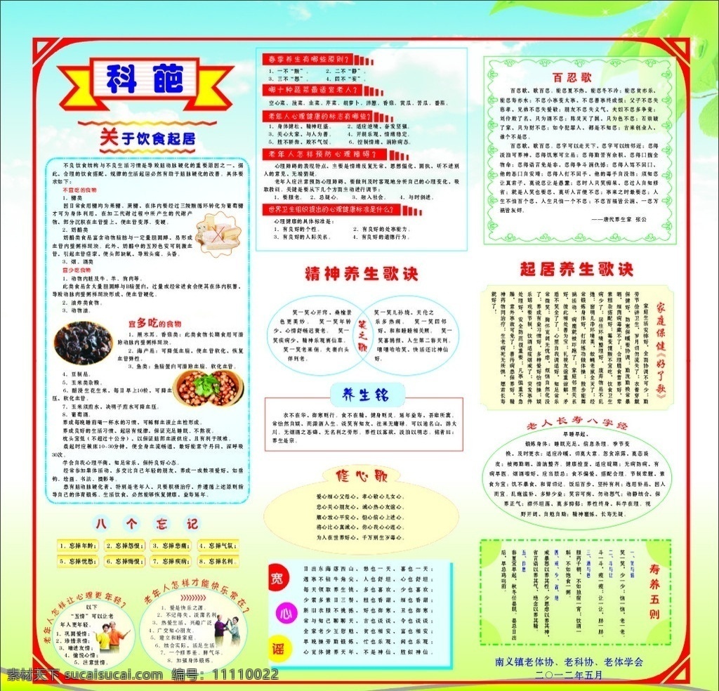 老 协 科普 宣传栏 科葩 科普知识 健康宣传栏 饮食起居 笑之歌 养生铭 修心歌 宽心谣 老人八字经 八字经 好了歌 寿养五则 百忍歌 花边 八个忘记 老年人 展板模板 矢量