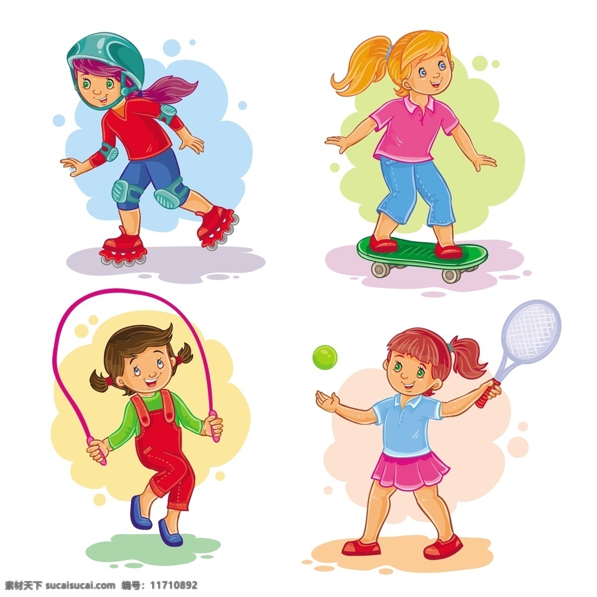 可爱 卡通 儿童 玩耍 运动 矢量 女孩 轮滑 滑板车 跳绳 打网球 学生 游戏 孩子 插画 动漫动画 动漫人物