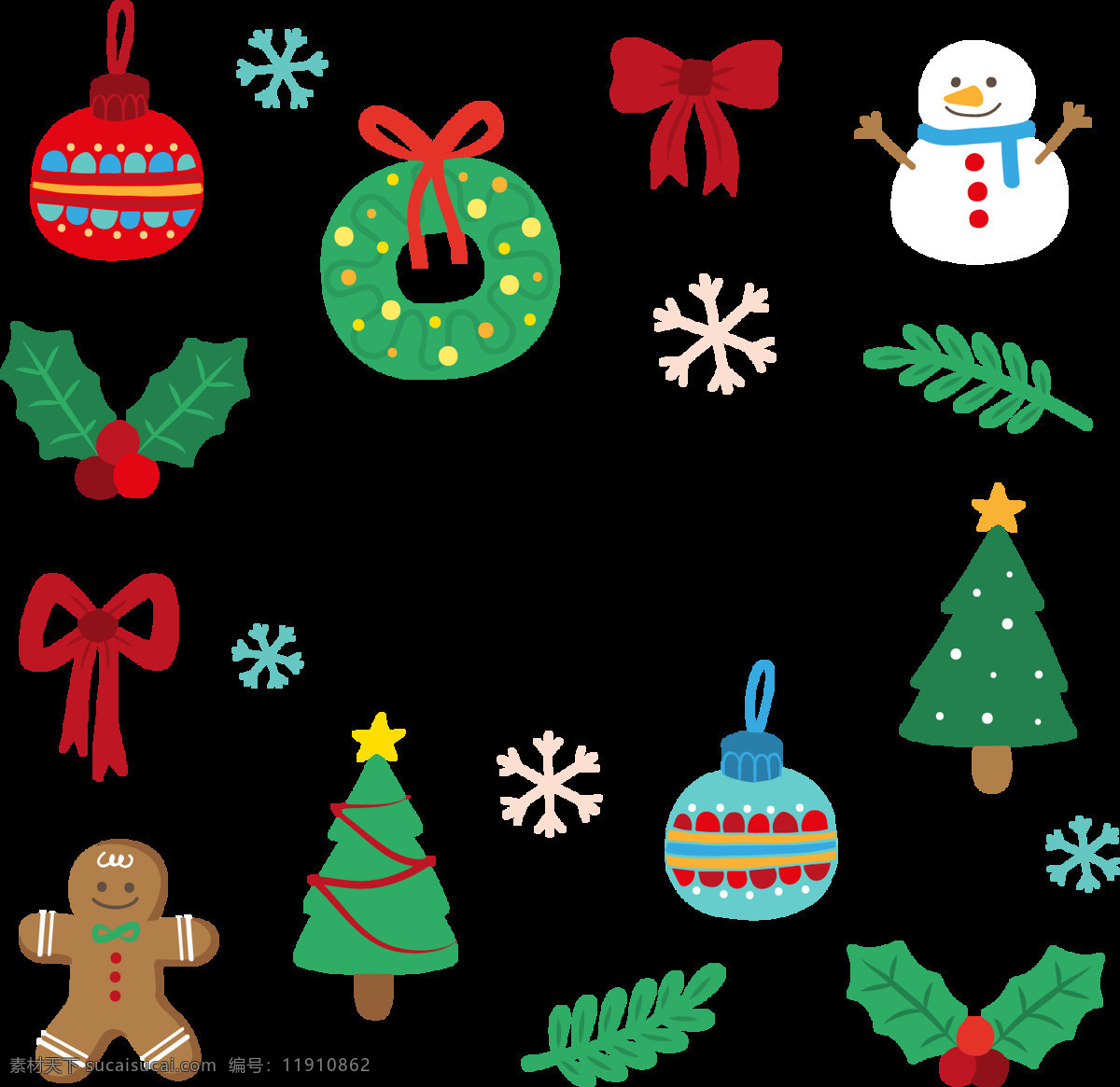 卡通 圣诞 装饰 物品 元素 png元素 彩球 挂饰 蝴蝶结 节日 免抠元素 漂亮 圣诞树 透明素材