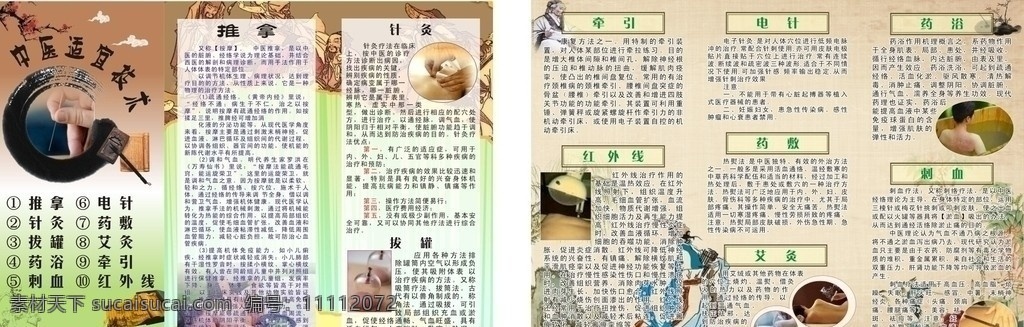 中医适宜技术 电针 药敷 艾灸 牵引 推拿 针灸 拔罐 药浴 刺血红外线 宣传单 医院宣传页 医疗保健 生活百科 矢量