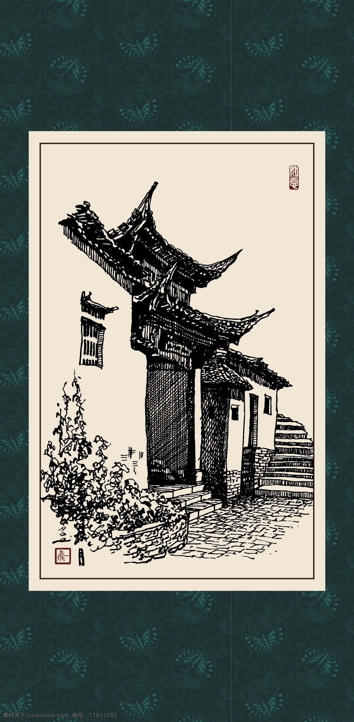 江南小镇 绘画 白描 线描 手绘 国画 轮廓 印章 书法 装裱 植物 工笔 写实 写生 毛笔画 白描建筑 文化艺术 绘画书法