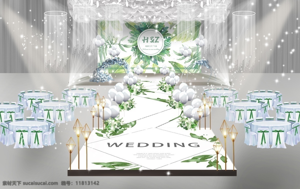 北欧 白 绿色 婚礼 舞台 效果图 绿色婚礼 线帘 桌子 结婚 婚庆 白绿婚礼 北欧风