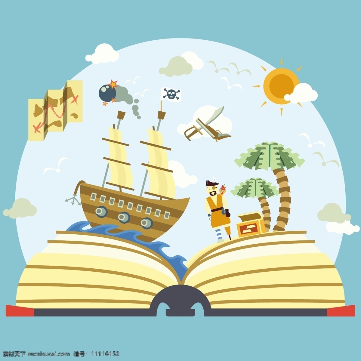 卡通 海盗 故事 书 船 树木 太阳 动物 故事书 船只 书籍 树