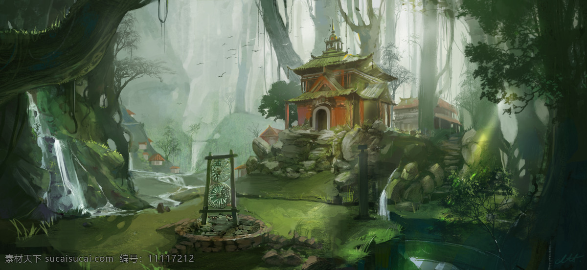 异界风景 软件制图 色彩构成 绿色调 森林古屋 二次元 动漫动画 风景漫画
