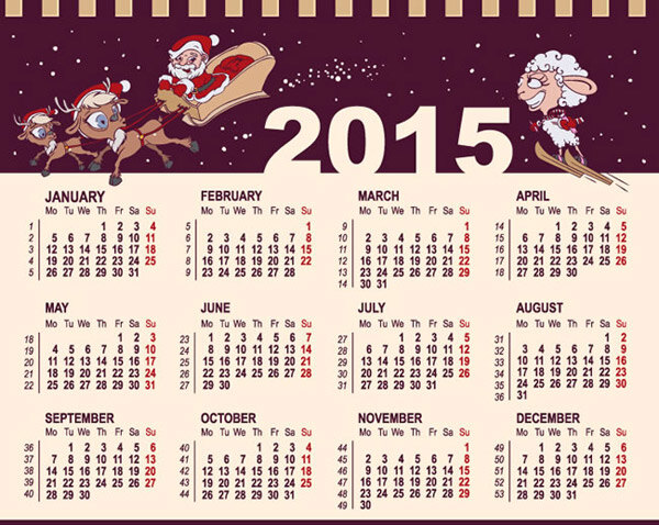 2015 紫色 羊年 年历 矢量 雪橇 驯鹿 2015年 绵羊 圣诞老人 滑雪 日历 矢量图 eps格式 白色
