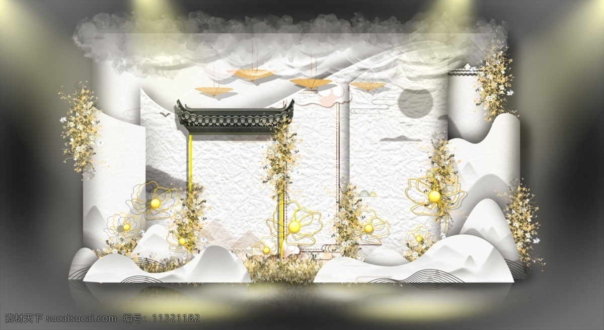 简约 素雅 新 中式 层次 婚礼 效果图 屋檐 婚礼效果图 新中式 水墨