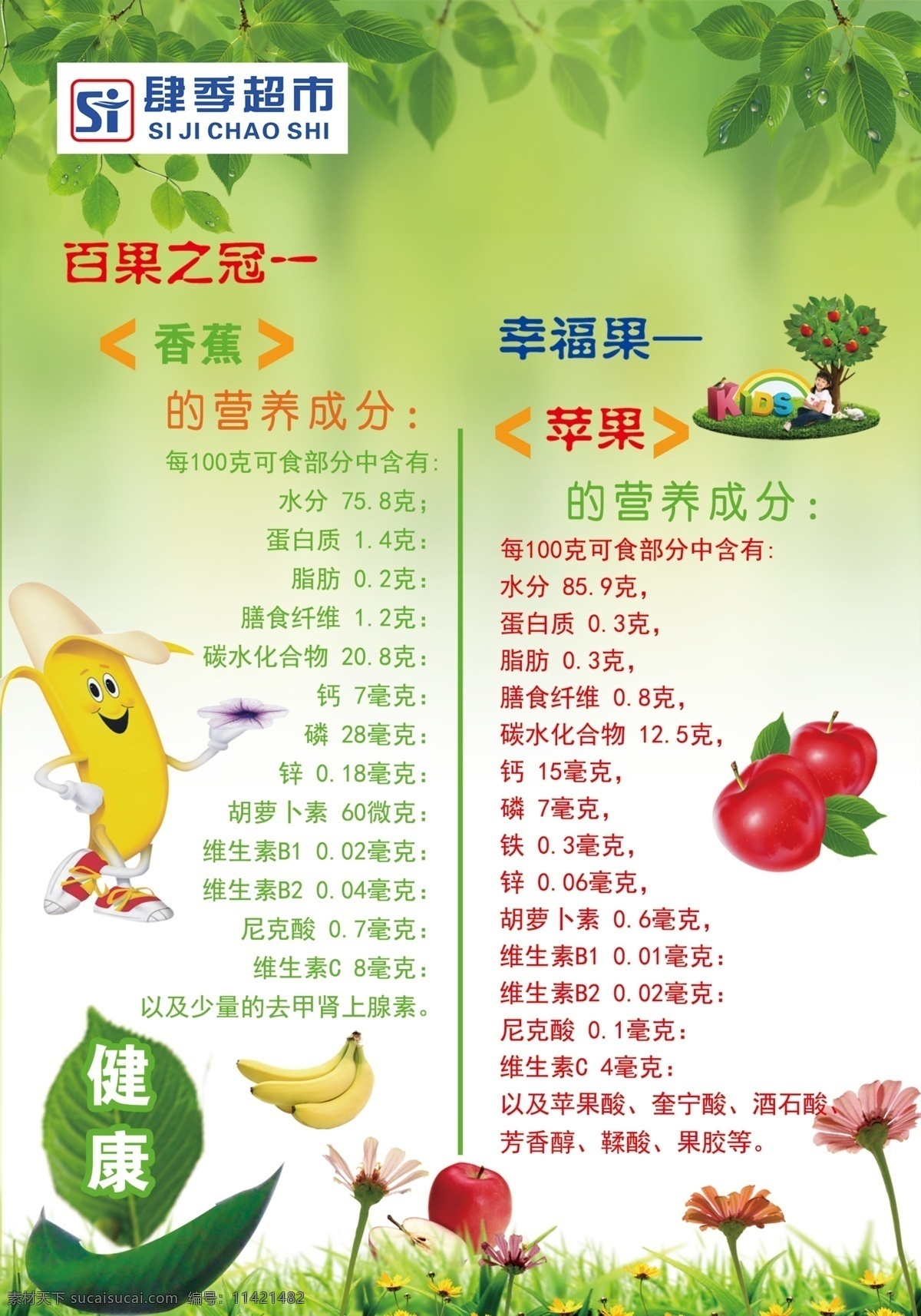 苹果 百果之冠 香蕉 功效 营养成分 绿叶背景
